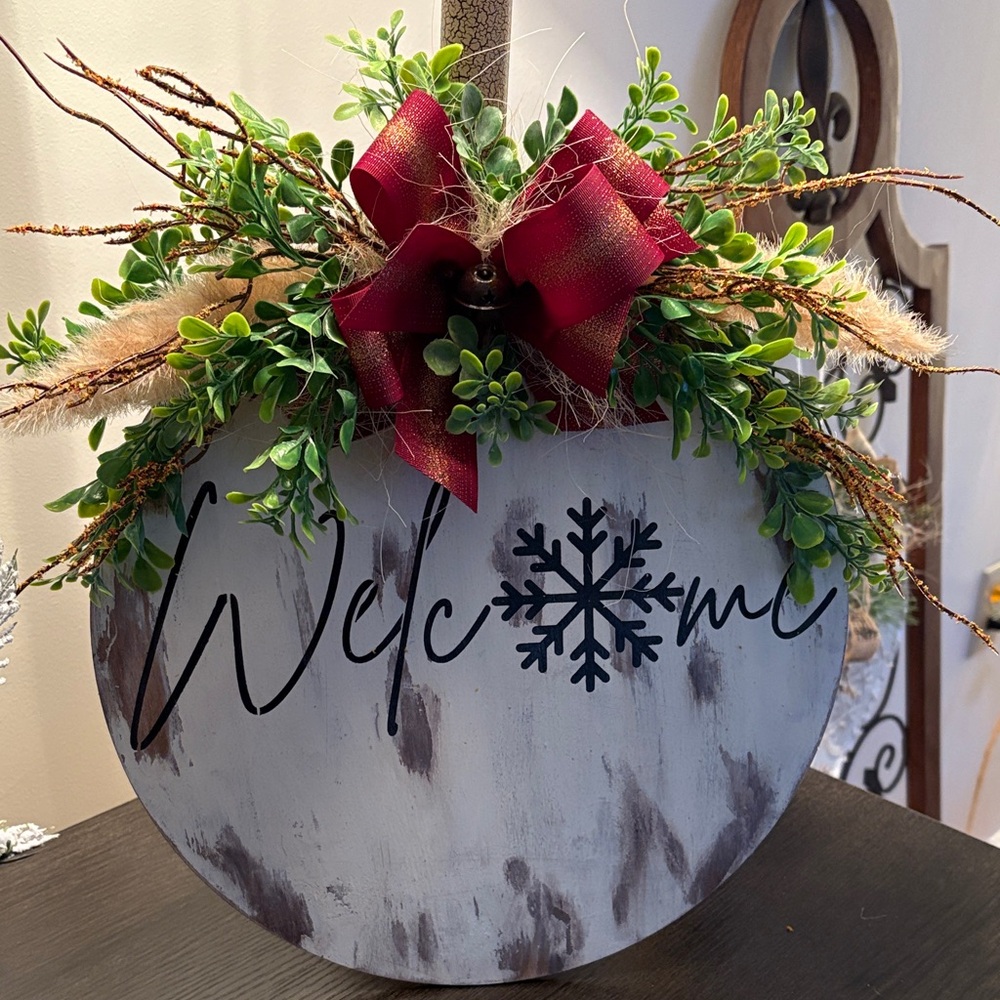 Festive Welcome Sign with Red Bow and Greenery